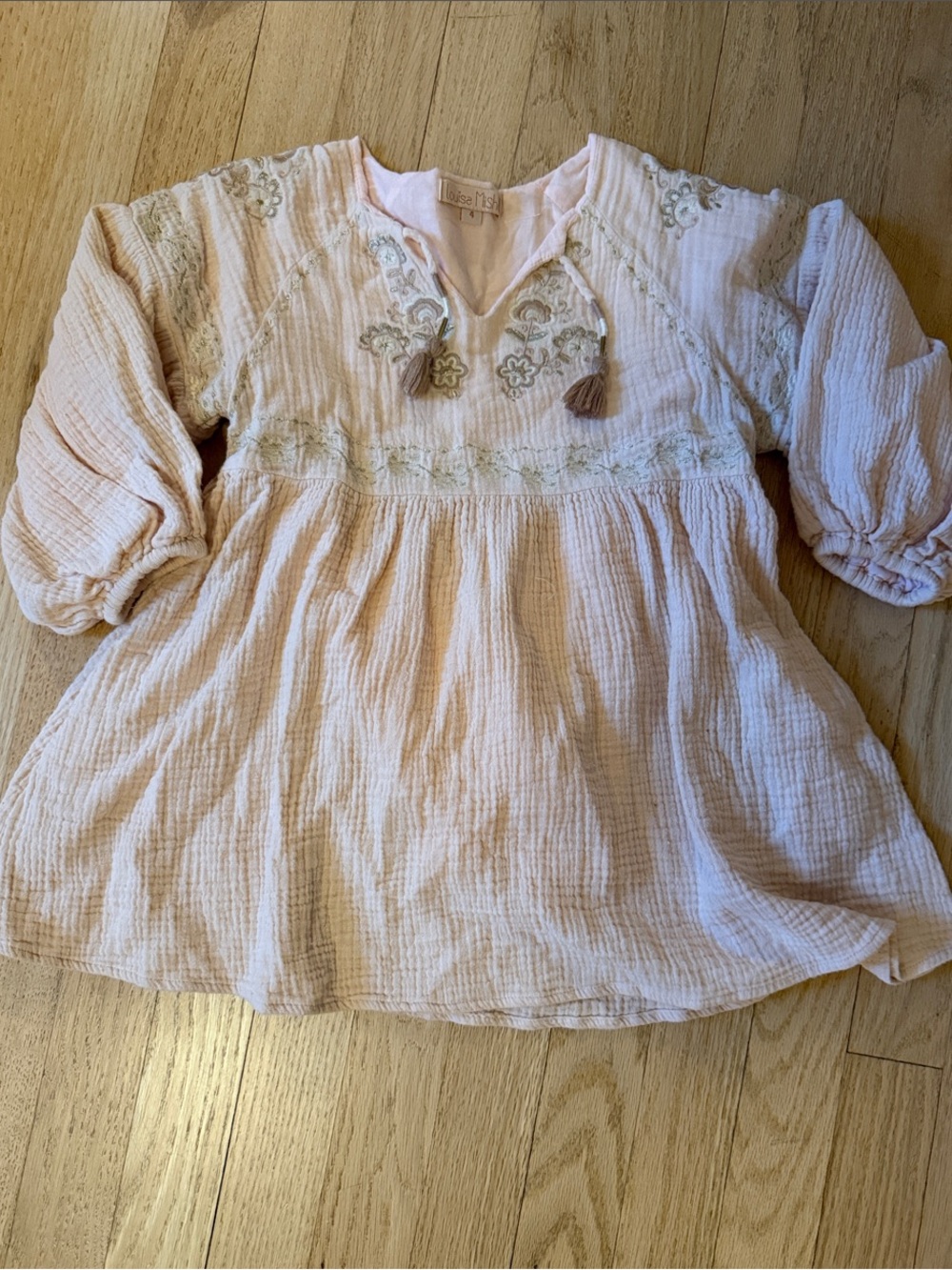 Girls' Light Pink Embroidered Gauze Peasant Blouse with Tassels